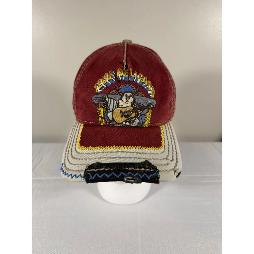 Vtg Y2K True Religion Distressed Buddha Guitar Hat Burgundy Strapback Cap Rare